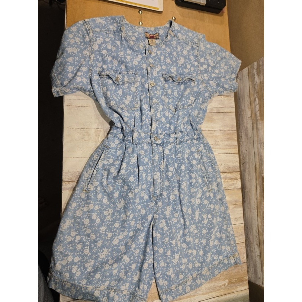 Gloria Vanderbilt Vintage Floral Denim Romper Short Sleeve Blue White Small READ